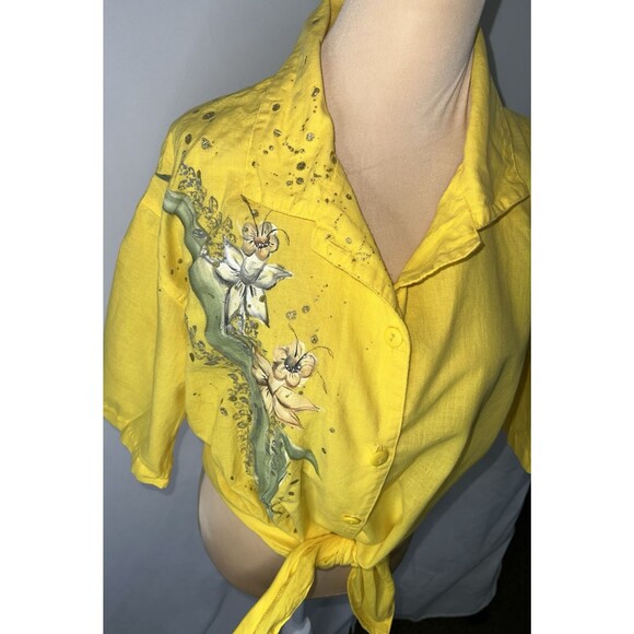 Vintage 80's  Hari tie front floral painted blouse, gathered back medium - Picture 2 of 7